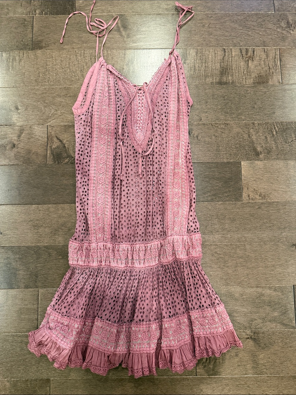 Boho Pink Crochet Swim Coverup Dress with Adjustable Tie Straps